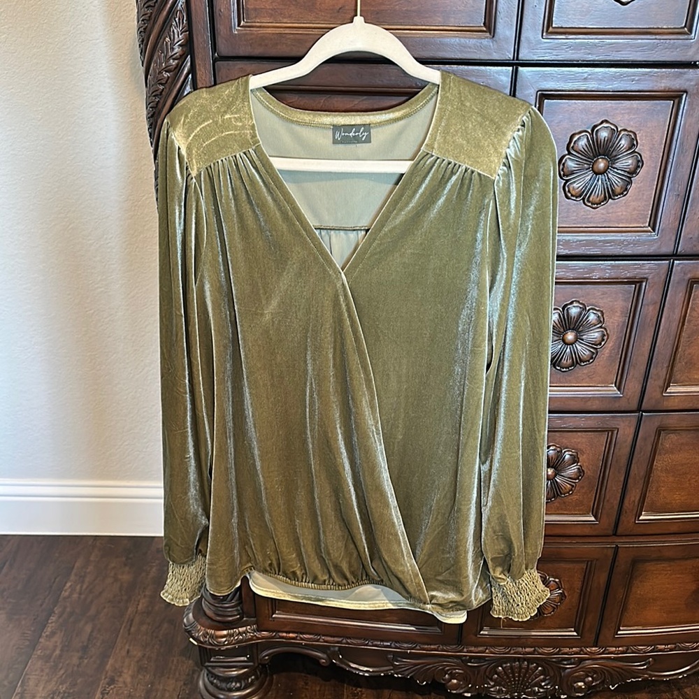 Wonderly Gold and Green Wrap Blouse Long Sleeve